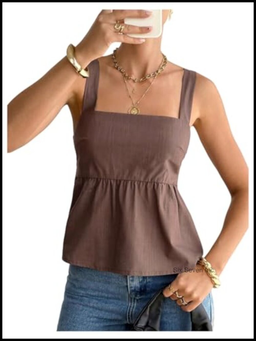 Sleeveless Square Neck Babydoll Peplum Tank Top Tie Back Ruffled